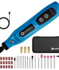 Hella Versatile Mini Cordless Rotary Tool With Five Speed Settings Up To Fifteen Thousand Rpm And A Knockout Forty Three Piece Accessory Kit, includes USB cable and various bits.