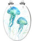 Cosmic Pattern Resin Elongated Toilet Seat for Bathroom featuring jellyfish design in blue and green colors.