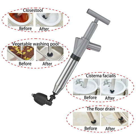 Beast Mode Heavy Duty Toilet Plunger And Drain Snake Set For Bathroom Clog Removal with pressure display and before-after results.