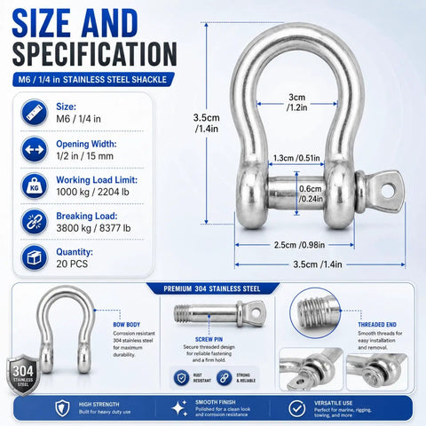 20 Pack One Quarter Inch Stainless Steel Screw Pin Shackles Set Beefy Bow Clevis Anchors For Chain Rope Tie Downs And Trailer Use Heavy Duty 1000 Kg Working Load Limit And 3800 Kg Breaking Load 304 Stainless Steel, M6 1/4 in shackle