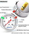 Glycerin Filled Stainless Steel Pressure Gauge 0 To 100 PSI with labeled parts, 1.5 Inch Dial, 1/8 NPT Back Mount, liquid filled for water oil air