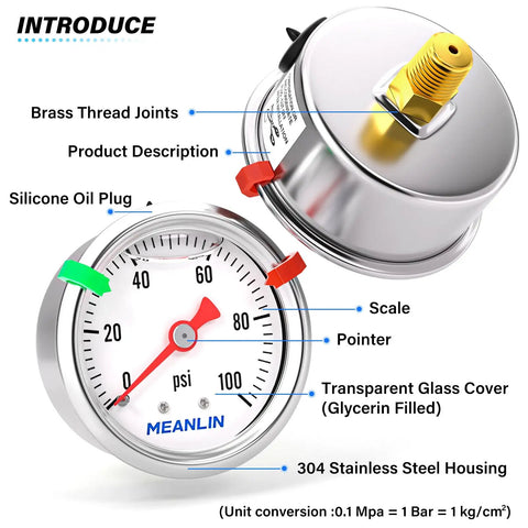 Glycerin Filled Stainless Steel Pressure Gauge 0 To 100 PSI with labeled parts, 1.5 Inch Dial, 1/8 NPT Back Mount, liquid filled for water oil air