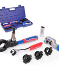 Copper Pipe Crimping Tool With Cutter For One Half Inch Three Quarter Inch And One Inch Copper Tubing ProPress Adapts To Manual Wrench Or Electric Socket Slip Resistant Grips For Tight Spaces No Soldering Needed Faster Safer Presses shown with attachments and carrying case.