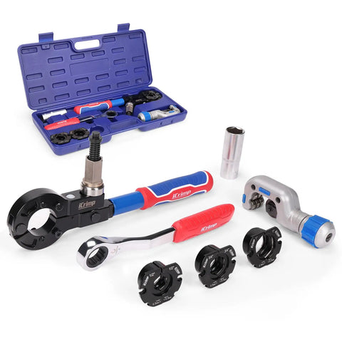 Copper Pipe Crimping Tool With Cutter For One Half Inch Three Quarter Inch And One Inch Copper Tubing ProPress Adapts To Manual Wrench Or Electric Socket Slip Resistant Grips For Tight Spaces No Soldering Needed Faster Safer Presses shown with attachments and carrying case.