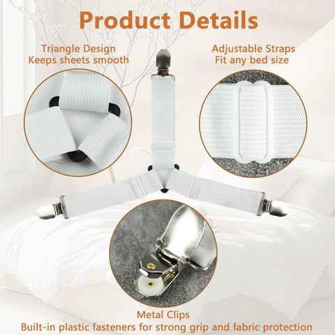 Four Pack Bed Sheet Straps With Metal Clips, Adjustable Elastic Fitted Sheet Holders showing triangle design and metal clips