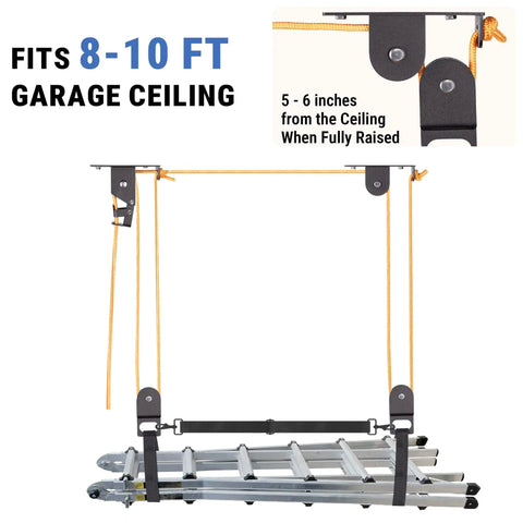 Ladder Hoist For Garage Ceiling Storage Beefy All Steel Pulley System Holds 150 Lbs 5.5 Inch Low Profile Self Locking Lift Parallel Or Perpendicular Mounting