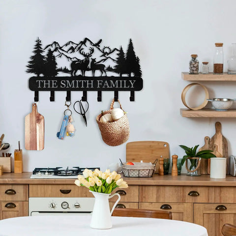 Custom Name Wall Key Holder With Forest Deer Design Dope Metal Coat Rack With Hooks For Bedroom Kitchen And Office