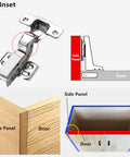 Built Like A Tank Straight Up Smooth Soft Close Cabinet Hinges European Inset Design Heavy Duty Stainless Steel Hardware 110 Degree Cup Mount showing hinge installation with side panel and door.