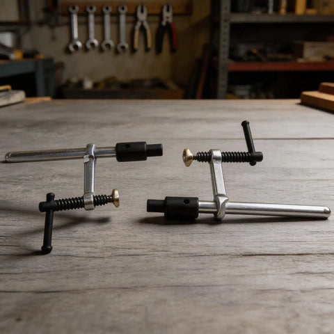 Two Pack Quick Action Bench Dog Clamps For 16mm Holes Hold Down Clips in silver black on a wooden workbench