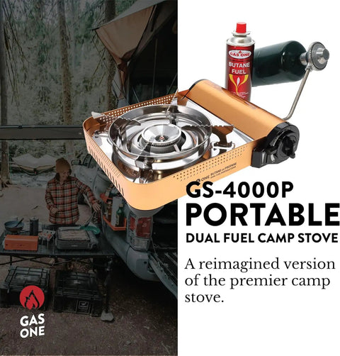 Dual Fuel Portable Gas Stove With Carrying Case - Propane Or Butane Camp Stove, Patented Design, in use at outdoor campsite
