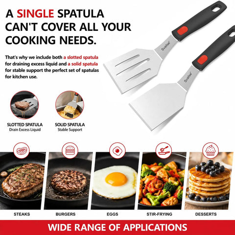 Two Piece Stainless Steel Spatula Set With Thick 1.2mm Metal Turners And Silicone Handles for versatile kitchen use visible.