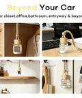 Premium Mahogany Teakwood Car Air Freshener 2 Pack With Hanging Essential Oil Diffuser Inside Sleek Glass Bottle in various settings.