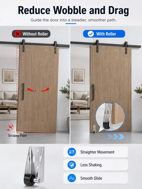 Comparison of door movement with and without Heavy Duty Vertical Track Roller Wheel With Bracket Handles for better support.