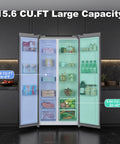 15.6 Cubic Foot Side By Side Refrigerator In Sleek Black showing 6.08 CU.FT freezer space and 9.54 CU.FT chilled storage.