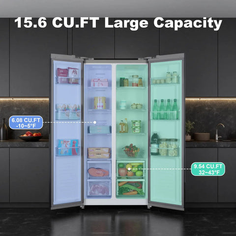 15.6 Cubic Foot Side By Side Refrigerator In Sleek Black showing 6.08 CU.FT freezer space and 9.54 CU.FT chilled storage.