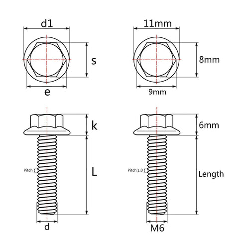 M6 titanium flange bolt with flange head; front and side views show flange dimensions and 1.0 thread pitch.