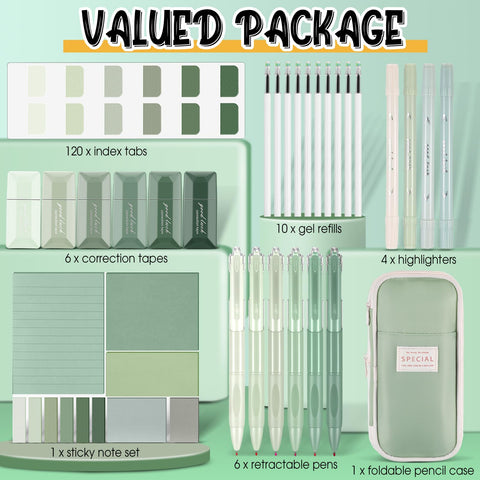 Back To School Stationery Kit With 38 Piece Aesthetic School Supplies Set Pen Case Gel Pens Highlighters Sticky Notes Correction Tapes And Index Tabs In Green For Study College And Daily Note Taking, includes gel pens, index tabs, sticky notes, correction tapes, and pencil case.