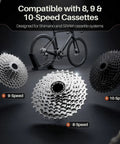 Heavy Duty Chain Whip Bike Tool For Easy Cassette Removal With Non Slip Rubber Grip Handle Fits 8 9 10 Speed Cassettes And Works With Shimano And SRAM For Quick At Home Gear Cog Swaps And Pro Level Bike Maintenance with three cassette types displayed