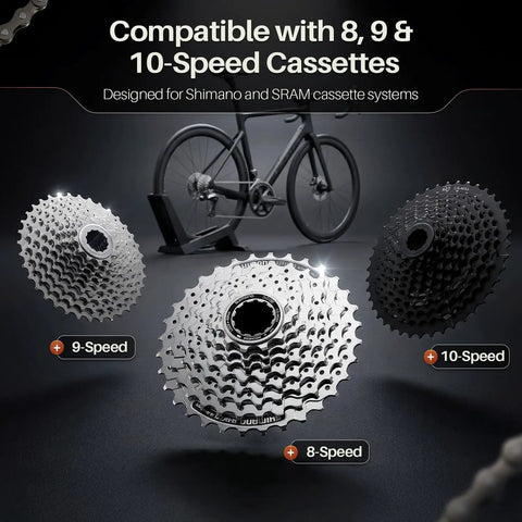 Heavy Duty Chain Whip Bike Tool For Easy Cassette Removal With Non Slip Rubber Grip Handle Fits 8 9 10 Speed Cassettes And Works With Shimano And SRAM For Quick At Home Gear Cog Swaps And Pro Level Bike Maintenance with three cassette types displayed