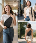 Women showcasing Crossbody Sling Bag For Men And Women, Lightweight Outdoor Travel Backpack in Black, Size M, for everyday use.