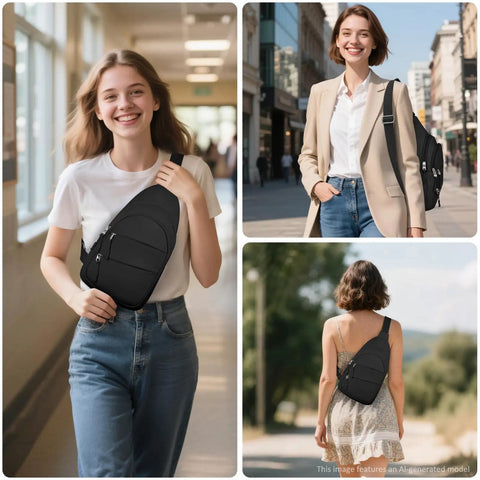 Women showcasing Crossbody Sling Bag For Men And Women, Lightweight Outdoor Travel Backpack in Black, Size M, for everyday use.
