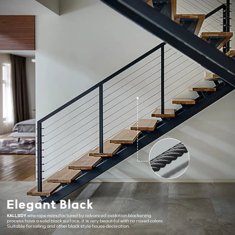 Top Shelf 400FT 1/8 Inch Black Stainless Steel Cable For Railing Systems Heavy Duty 7X7 Wire Rope displayed in modern staircase.