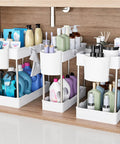 Super Slick 3 Pack Under Sink Organizer With Bonus Hanging Cups For Bathroom And Cabinet Storage showcasing organized toiletries.