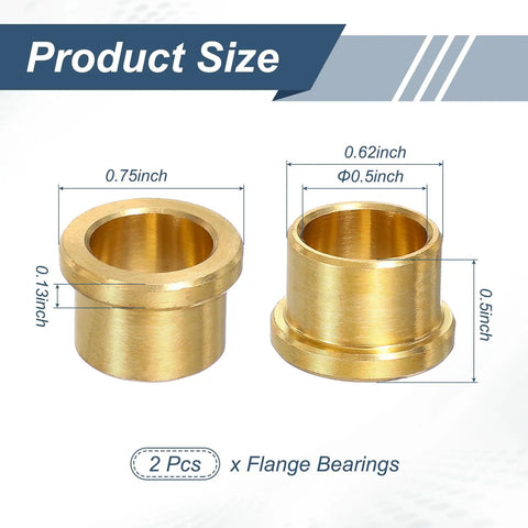 2 Pack Brass Flange Bearings With One Half Inch ID, Five Eighth Inch OD, One Half Inch Length, Three Quarters Inch Flange OD, One Eighth Inch Flange Thickness Self Lubricating Sleeve Bushings For DIY Projects And Wet Environments, shown with size labels