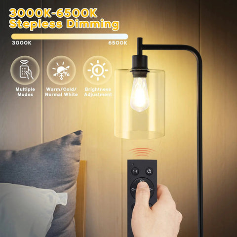 Lit Industrial Floor Lamp In Black And Gold With Clear Glass Shade Dimmable Modern Standing Lamp Remote And Foot Control 6W LED Edison Bulb Bright Corner Light For Living Room Bedroom And Office