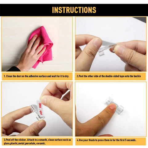 Instructions for Strong Self Adhesive Cable Clips For TV And PC Wire Management application, showing peeling and sticking process.