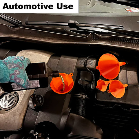 Car engine with Orange Four Pack Plastic Oil Funnel Set For Auto And Kitchen Use With Shielded Tube Wide Mouth For Easy Pouring.