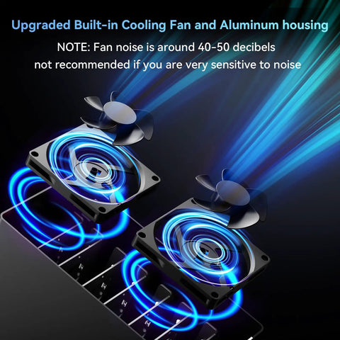 Killer Eight Bay Aluminum Hard Drive Enclosure With Badass Cooling Fan For 10Gbps Usb Type C 3.2 displays dual cooling fans in blue light.