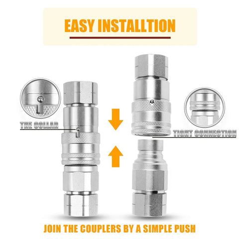 Front view of two 1/2-inch NPT flat-face hydraulic quick-connect couplers in silver metal with knurled grips.