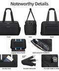 Front, side, and back view of Go-To Carry On Luggage Duffel Bag For Travel, Weekender Tote That Fits Underseat, expandable 25L to 35L, black.