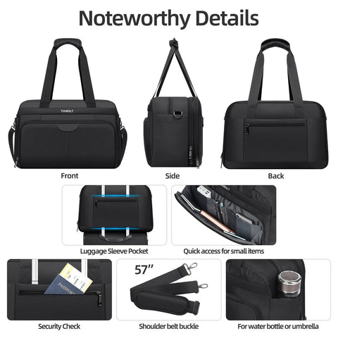 Front, side, and back view of Go-To Carry On Luggage Duffel Bag For Travel, Weekender Tote That Fits Underseat, expandable 25L to 35L, black.