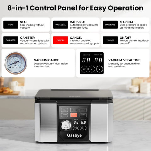 Gasbye chamber vacuum sealer, front view, stainless steel with black control panel