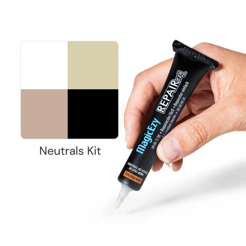 Hand holding Porcelain Tile Repair Kit With Color Matching Filler tube, mix and match neutral tones for ceramic acrylic surfaces.