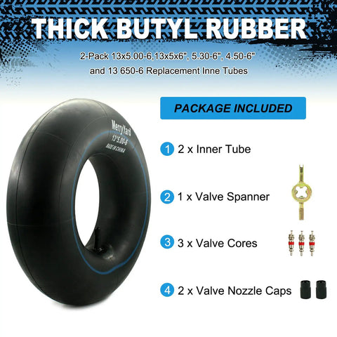 2-Pack Universal 13x5.00-6 Inner Tubes with TR13 Valve Stem for Lawn Mowers, ATVs, and More, Package Includes Accessories