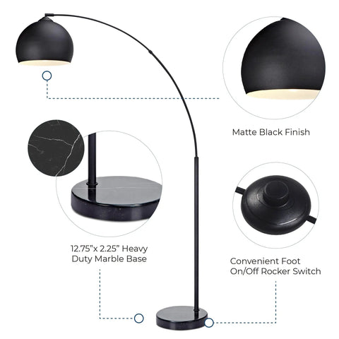 Arc Floor Lamp with Faux Black Marble Base and Black Bell Shade, Matte Black Finish, Foot On/Off Switch, for Living Room Office.