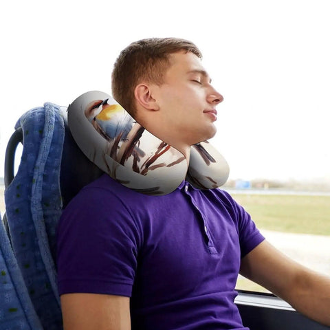 Person using Birds Resting On Tree Branch Inspired U Shaped Travel Neck Pillow For Air Travel Super Cozy Neck And Head Support Perfect For Long Haul Flights And Office Naps Ergonomic Portable Adjustable For Real Sleep Anywhere on bus