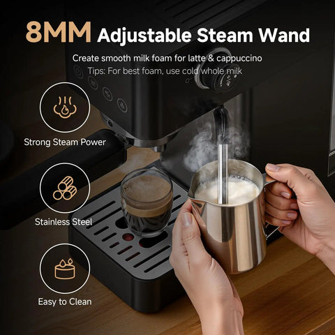 8MM Adjustable Steam Wand for Snag This Pro Level 20 Bar Espresso Machine, brewing milk foam for lattes and cappuccinos.