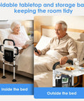 Heavy Duty Bed Rail For Elderly Safety With Dual Handles, showing use inside and outside the bed with foldable tabletop and storage bag.