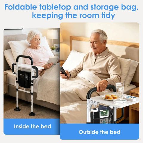 Heavy Duty Bed Rail For Elderly Safety With Dual Handles, showing use inside and outside the bed with foldable tabletop and storage bag.