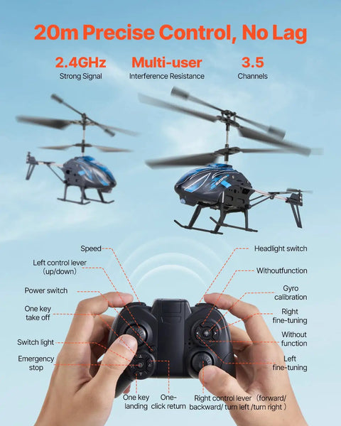 Hands holding a remote control for Beginner Friendly RC Helicopter With One Key Takeoff And Landing, 2.4GHz Anti Interference Remote.
