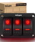 Three Gang Aluminum Rocker Switch Panel with Prewired Harness and Red Backlit Night Glow shown in packaging.