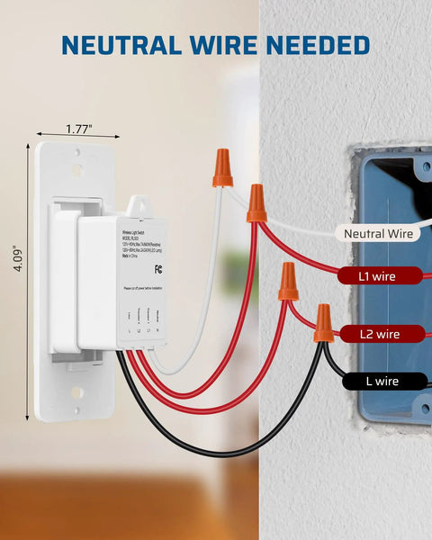 Wiring setup for Wireless Light Switch Kit With Remote, No In Wall Wiring Needed, showing connections for neutral, L1, L2, and L wires.