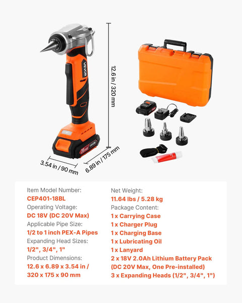 Cordless Tube Expander Kit With 20V Max Power Pro Grade For PEX A Tubing Expands One Half Inch Three Quarter Inch And One Inch Pipes 22000 RPM Brushless Motor Three Expanding Heads Two 2Ah Batteries Fast Charger Carrying Case shown with accessories and case