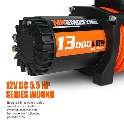 13000 Lbs Electric Winch With Synthetic Rope showing 12V DC motor detail for Jeep Truck Trailer UTV ATV Off-Road Recovery