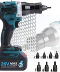 Badass Battery Powered Rivet Nut Gun Featuring Fully Automatic One Trigger Setup And No Sweat Mandrel Extraction For Rapid M3 To M12 Hardware Works, 26V tool with attachments.