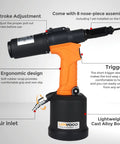Heavy Duty Pneumatic Rivet Nut Tool Trade Grade Air Riveter Setting Kit with ergonomic handle and air inlet design.